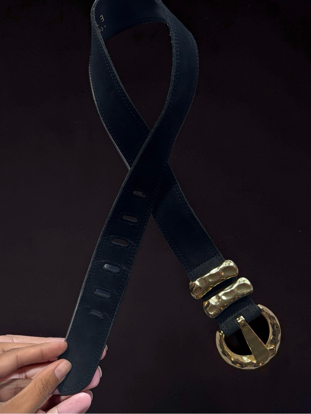 Express Black Belt with Gold Hammered Buckle